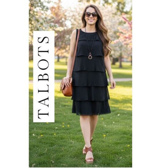 Talbots, 100% cotton black tiered ruffle sleeveless dress - Picture 1 of 8